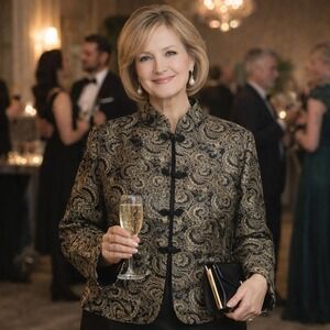 Vintage Chinese Brocade Jacket Black Gold Frog Closure Elegant Formal Women's 8